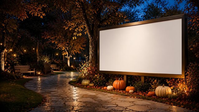 Outdoor movie screen with autumn pumpkins at night