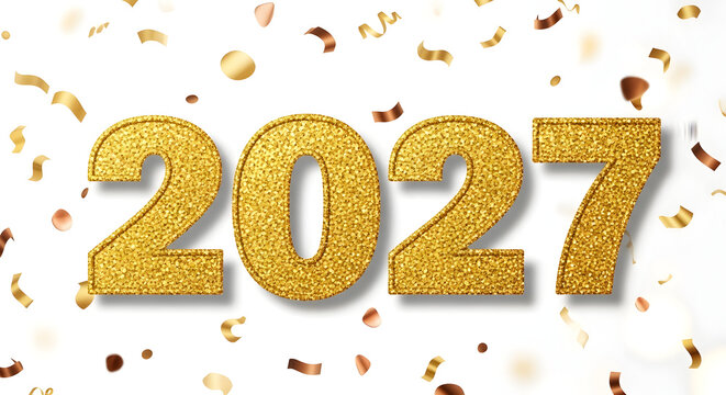 A festive golden happy new year 2027 celebration design featuring shiny metallic numbers surrounded by falling confetti isolated on a clean white background for holiday