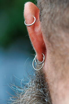 Close-up of ear with two silver hoop earrings