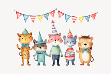 Obraz premium Birthday animal cartoon, watercolor illustration remix
