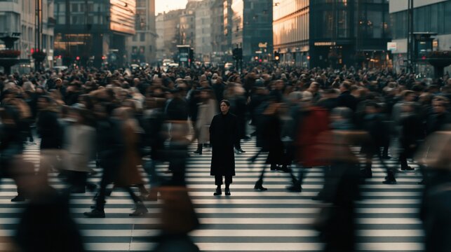 Solitary woman standing still in a blurred busy city crowd crossing the street