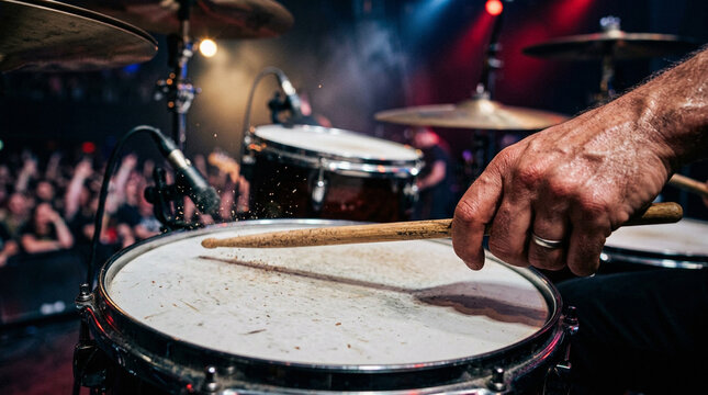 Drummer hitting snare drum during live rock concert