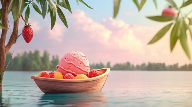 Ice cream bowl floats on a calm water surface surrounded by lush tropical leaves and distant trees.