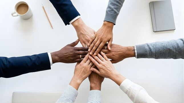 Diverse business team stacking hands together on white office desk