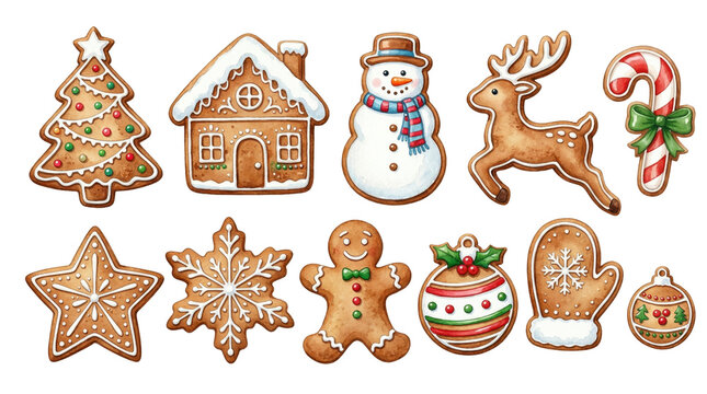 Christmas watercolor gingerbread cookies collection isolated on white and transparent background, festive holiday clipart set design