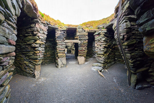 jarlshof prehistoric and norse archaeological site in Shetland, Scotland. Wheelhouses are unique Iron Age stone dwellings featuring a central hearth surrounded by radial stone piers