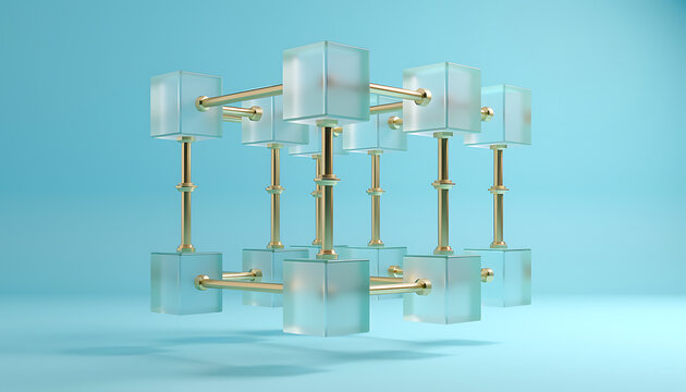 Abstract 3D Blockchain Cube Network Node Structure on Blue Background