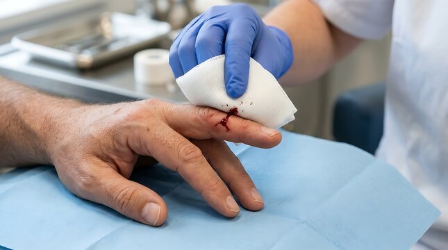 Medical professional bandaging a bleeding finger wound with sterile gauze in a clinical first aid setting