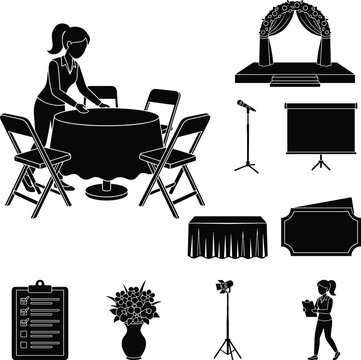 Event Planning and Wedding Organization Silhouette Icon Set Featuring Event Planner Decor and Stage Equipment