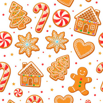 Seamless pattern with cute christmas gingerbread cookies, candy canes, and generated using ai