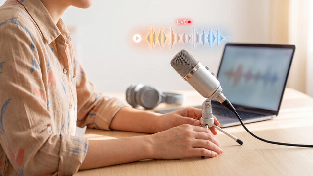 Live podcast recording and audio streaming concept, woman with studio microphone, headphones and sound wave for online radio broadcasting, voice content creation and home studio production