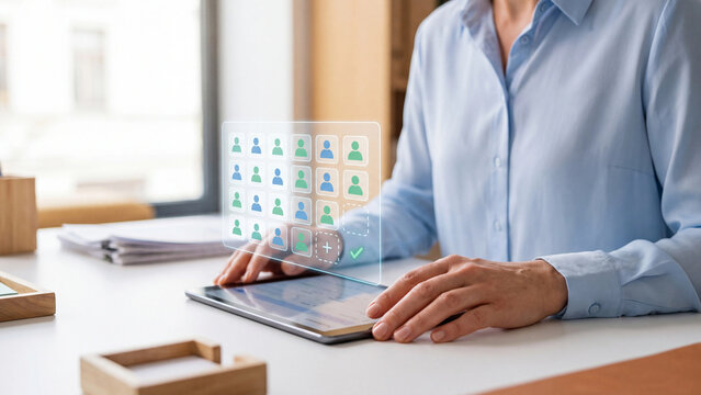 Human resources and team management recruitment concept, woman on tablet with group of user icons and add member button for hiring, workforce networking and business organization structure