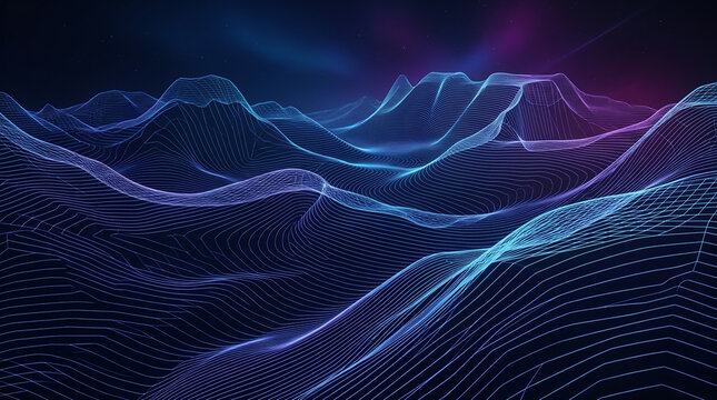 Futuristic blue wireframe mountain landscape with glowing terrain lines, digital waves, and a luminous horizon on a dark background