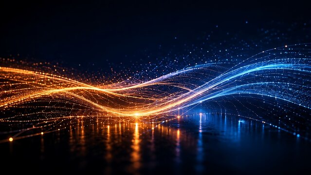 Abstract Flowing Wave Lines of Glowing Orange and Blue Light Particles for High Speed Big Data Transfer