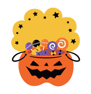 ハロウィンのお菓子の入ったかぼちゃのタイトルフレーム_ハロウィーンのコピースペースのあるカボチャの吹き出し_バックグラウンド素材