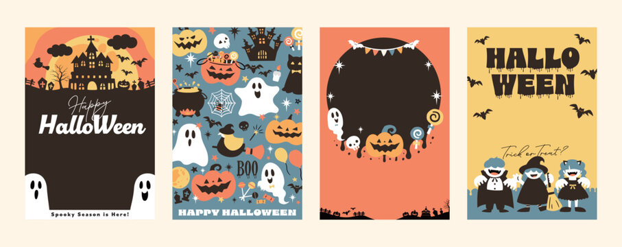 ハロウィンパーティーのかわいいイラスト縦長_ハロウィーンのカードやポスター等に使えるフレーム_かぼちゃモチーフや柄背景