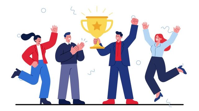 Jubilant team celebrating success trophy raised arms in victory illustration.