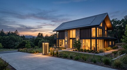 Naklejka premium Stunning modern luxury house with integrated solar roof and glowing windows during twilight dusk with illuminated outdoor lighting and tranquil natural surrounding