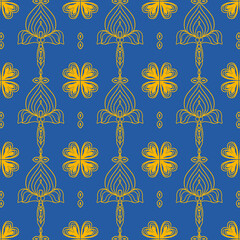 Blue and gold floral seamless pattern vector illustration, elegant abstract ornament background for textile design, fashion fabric, and wrapping paper © Piyawan