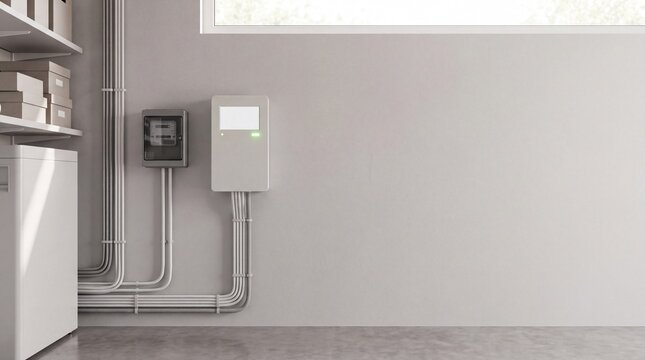 Smart energy monitor and electric meter on blank grey wall
