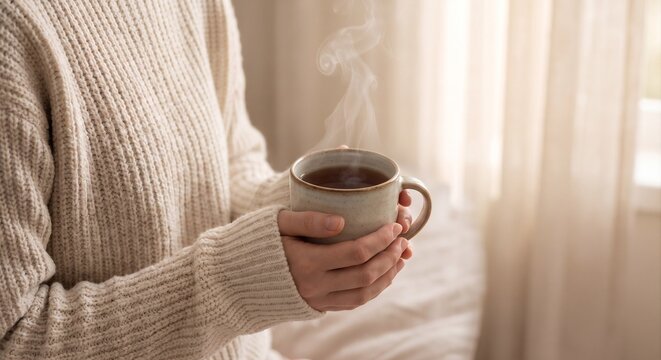 Cozy close-up of hands in knitted sweater holding steaming ceramic tea mug by window in warm sunlight.