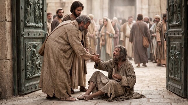 Apostle Peter reaches out to raise a lame beggar seated before the ornate temple gate in Healing of the Lame Man Book of Acts biblical scene.