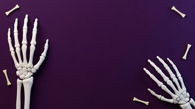 Halloween background with skeleton hands and bones on purple background with empty space