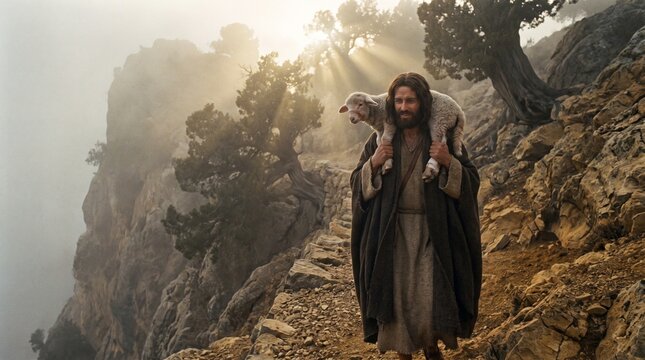 Jesus Christ as the Good Shepherd carries a rescued lamb on his shoulders along a mountain trail at sunrise in New Testament biblical scene.