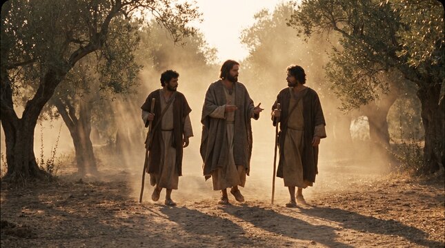 Jesus Christ walks and converses with two disciples along an olive grove road at sunset in the Road to Emmaus New Testament biblical scene.