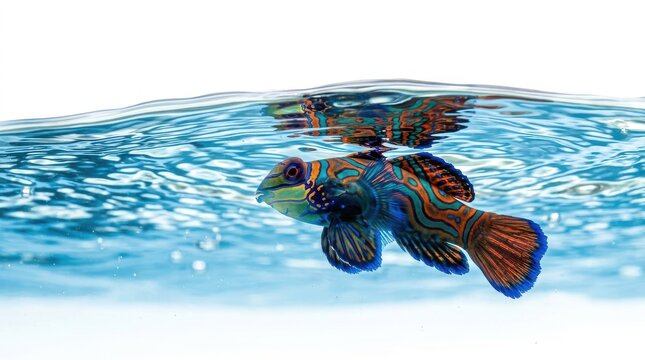 A vibrant mandarin fish with intricate orange and blue patterns swims just below the rippling water surface
