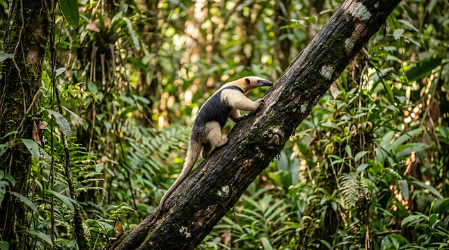 Tamandua anteater climbs a tree trunk in the rainforest.