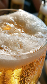 Close up of a cold beer glass topped with thick white foam