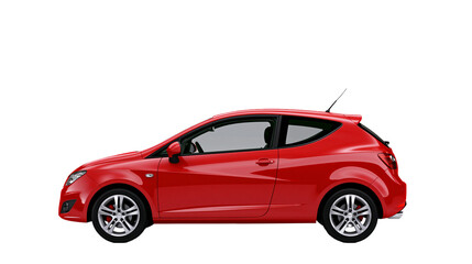 Naklejka premium Red three-door hatchback car side view with alloy wheels
