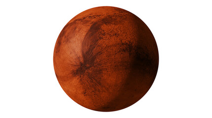 Red spherical planet Mars with textured cratered surface and dark markings © Elvin