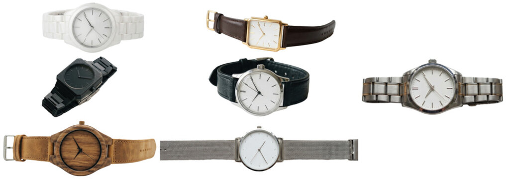 A collection of assorted wristwatches in different materials, shapes, and finishes for fashion and accessory use.
