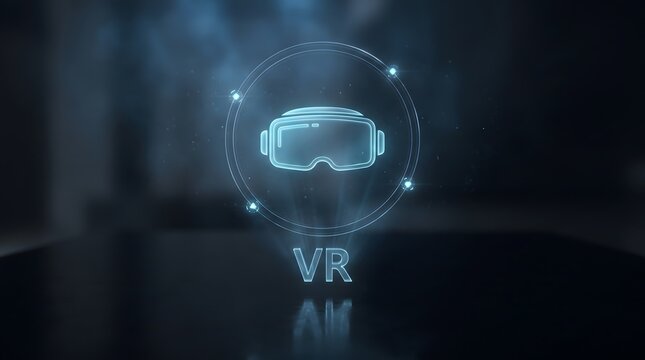 Futuristic virtual reality headset icon glowing with digital network nodes on a dark blue background for technology concepts