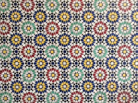 Moroccan zellige tile mosaic in blue, red and green