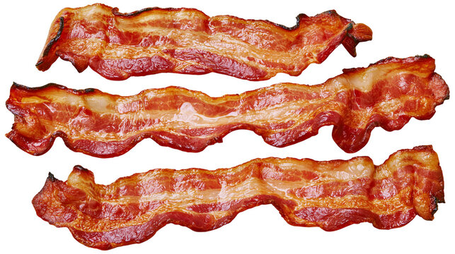 Three crispy fried bacon strips with golden brown edges and red meat texture