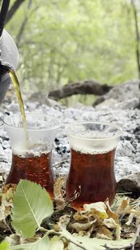 Vertical Close-Up of Pouring Hot Tea from a Campfire Teapot into Two Glasses