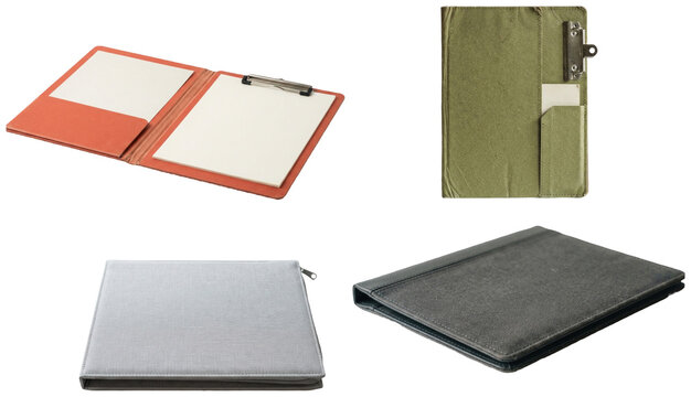 A set of blank clipboard folder mockups in different colors and styles, shown with pockets, clips, and paper inserts.