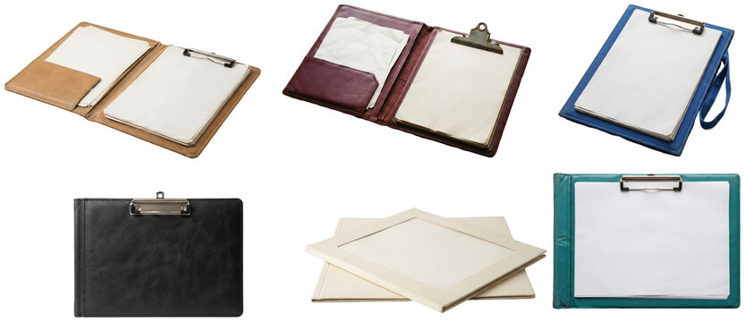 A set of assorted clipboard folders in different colors and materials, each shown as a blank office presentation mockup.