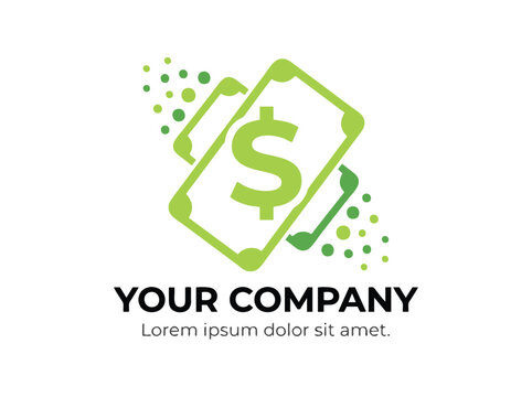 Green money logo with dollar sign and banknotes. Financial business icon for banking and investment. Modern currency vector illustration.