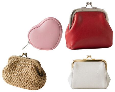 A set of compact clasp coin purses in different shapes, colors, and materials, from glossy and heart-shaped to woven straw.