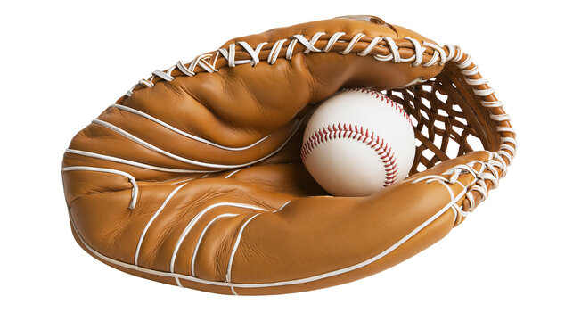 Brown leather baseball glove holding a white baseball with red stitching