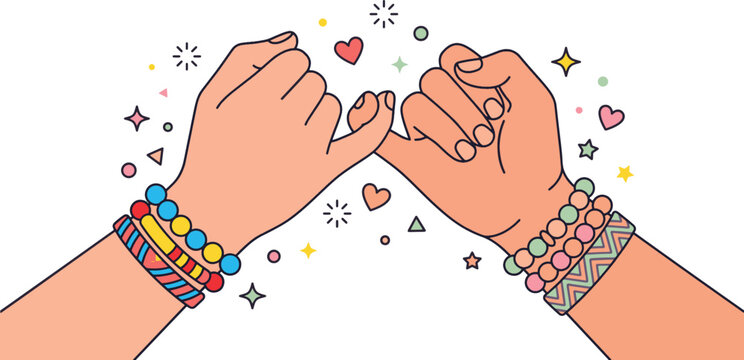 Pinky promise hands with colorful friendship bracelets, vector bonding and mutual trust illustration, best friends forever graphics