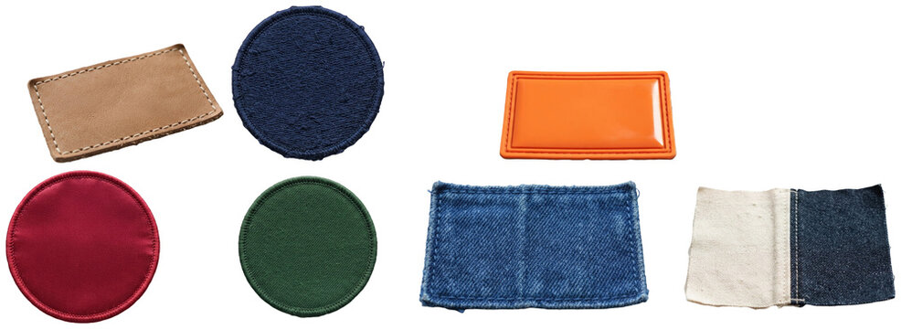 A set of blank decorative patch mockups in assorted materials, colors, and stitched finishes.