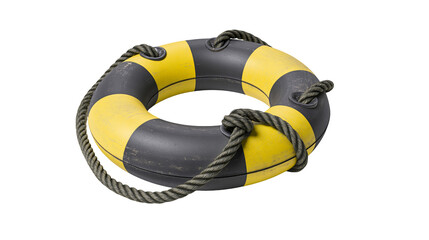 Yellow and black striped circular lifebuoy with attached thick braided rope © Elvin