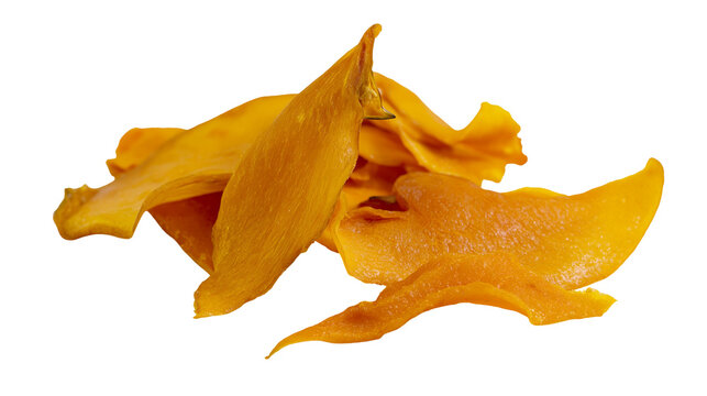 Dried yellow mango slices with chewy texture and vibrant orange color