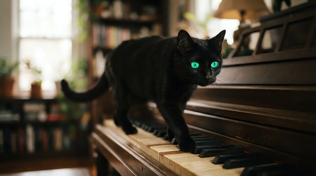 Black cat with glowing green eyes on piano