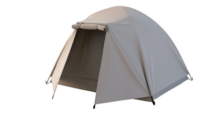 Dome shaped beige and grey camping tent with open front entrance © Elvin